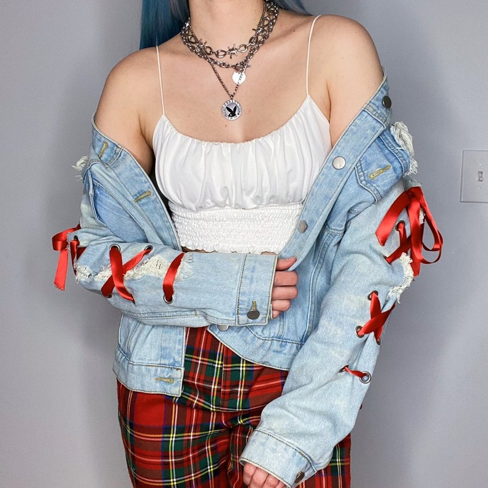 Denim Jacket with Lace Up Sleeve Detail